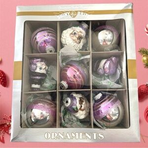 NEW RADKO Shiny Brite Purple & Silver Christmas Ornaments - 9pc Set